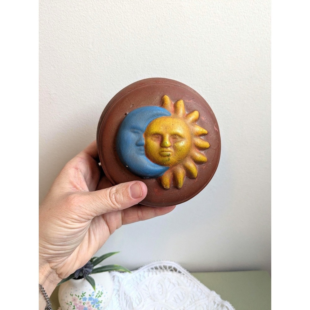 Celestial Sun Moon Trinket Box Terracotta Pottery Lidded Box‎ Boho Decor